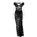 Elegante completo abito lungo in pizzo nero senza maniche con schiena scoperta e fiori ricamati - S / Nero
