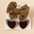 Detail of olive green knit bow headband and heart sunglasses on display card - Olive Green Set