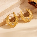 Close-up of gold-plated hoop earrings with woven texture and sparkling zircon stones - Grooved Hollow Chunky Stone-set