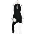 Detail of black halter dress featuring white ruffle neckline and 3D floral waist decor - L / Black