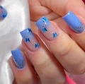 Light blue and pink gradient square false nails with butterfly sequins and glitter - Yellow Jelly Glue Set
