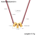 Double-layered 18K gold plated necklace featuring red zircon beads and triple interlocking rings - Red Zirconia Double Layer Necklace (P2078)