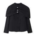 Detail of black jacket featuring draped shawl collar design and unique gold metal buttons - S / Black