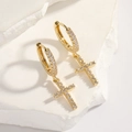 Hip hop style gold plated cross drop earrings with sparkling cubic zirconia inlay - Gold Cross Huggie