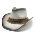 Retro woven straw cowboy hat with gray gradient edges and decorative fringe and chains - M (56-58cm) / Black and White