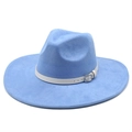Classic light blue wide brim fedora hat with white belt strap and silver metal buckle detail - M(56-59CM) / Sky Blue (Suede)