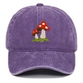 Vintage washed purple cotton baseball cap with cute mushroom embroidery for women - Adjustable / Purple