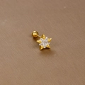 Macro detail of gold star stud earring with clear zircon and screw back ball closure - Round Bead Five-pointed Star / Gold