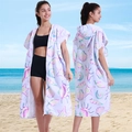 Microfiber hooded beach towel poncho featuring colorful seashell and starfish ocean prints - Sleeveless Zipper Style - Fluorescent Shells