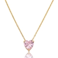 Detailed view of pink heart zircon pendant with golden chain and classic prong setting - Necklace-Pink