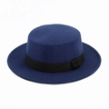 Close-up of a classic navy blue flat top felt hat with a black grosgrain decorative ribbon - S / Navy Blue
