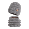 Dark grey knitted beanie and neck warmer set with warm brown fleece lining for winter - Marl Grey (2-Piece Set)