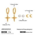 Three-piece stainless steel earring set featuring gold cross, pearl, and moon studs - Cross Pearl Moon Set(JDE0202010)