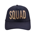 Detail of navy blue mesh trucker hat with gold SQUAD text and breathable rear netting - Adjustable / Gold SQUAD (Black)