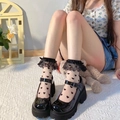 White semi-transparent lace socks with heart patterns and black bow for Lolita style - One Size / Mid-Calf Heart Lace / Black
