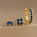 Detailed close-up of S925 silver gold-plated earrings set with deep blue zircons - Gold-Deep Blue (3 Pcs Set)