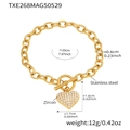 Détails du bracelet à pendentif cœur en zircon avec dimensions et fermoir en T précis - Bracelet à Fermoir à Bascule Coeur Doré (TXE268)