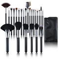 Professional makeup brush set with black wooden handles and silver ferrules in storage bag - 24 Pcs Black Wool & Pony Hair Set With Leather Bag