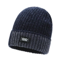Navy blue chenille ribbed knit beanie with GD patch for men's winter warmth - Blue