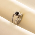 Silver double-layered twist ring with sunburst setting and black stone inlay - Silver Tone Black Stone Style (J586-S-B)