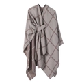 Taupe plaid knitted poncho shawl with slot fastening for women in autumn and winter - Khaki Plaid