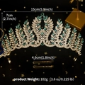 Golden bridal crown with green gems and crystals featuring detailed size and weight specs - Green