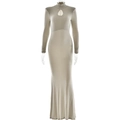Detail of elegant champagne fish-tail dress featuring high neck and keyhole cutout - S / Silver