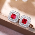 Classic square earrings with a red gemstone center and double rows of white cubic zirconia - Red