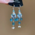 Ethnic bohemian drop earrings with blue crystals, white flowers, and tassels - 4# Blue Hook Style (White Flowers & Blue Crystal)