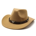 Detail of western cowboy hat with bull skull metal ornament and golden rivets on band - M (56-58cm) / Camel