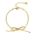 Close-up of golden bow pendant on flat snake chain with adjustable lobster clasp - Gold Bowknot Bracelet (B-030)