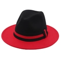 Classic wide brim felt jazz hat with bicolor black and red拼接design and ribbon band - M(56-58cm) / Black + Red