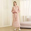 Women's thick light pink flannel bathrobe with waffle trim and adjustable waist belt - Dusty Pink (Women)