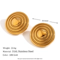 Detail showing 30.6mm diameter and 22.6g weight of gold swirl pattern stud earrings - Cast Circle Heart Shield / Gold
