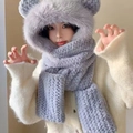 Winter plush hood scarf with bear ears in light purple, soft faux fur 3-in-1 accessory - Wave 3-piece Set - Grey Blue
