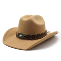 Detail of camel felt cowboy hat featuring a braided leather band and turquoise stone - M (56-58cm) / Camel