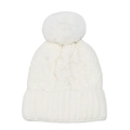 Close-up of white cable-knit beanie with large faux fur pompom and ribbed cuff detail - M(56-58cm) / White