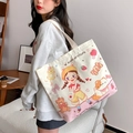 Beige large capacity canvas tote bag with cute cartoon girl and animal illustrations - Sweetheart Girl