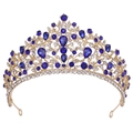Close-up of golden bridal crown featuring elegant blue gemstones and small white diamonds - Gold Blue Rhinestone