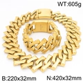 Ensemble collier et bracelet à maillons cubains dorés 32mm en acier inoxydable massif - Ensemble en Or Sablé (KS221718-KJX)