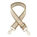 Detail of adjustable bag strap with gold metal hooks and beige diamond jacquard pattern - T2-White Base Khaki Gold Thread