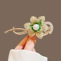 Elegant floral hair clip with pearl center, green gradient petals and gold finish - Oriental Charm Gradient Flower Hair Clip