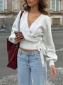 Elegant white V-neck wrap knit top with crossover bandage design for women - S / Gray