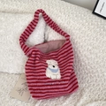 Pink striped plush tote bag with cartoon puppy patch and Happy Dog blue embroidery - Pink Stripe Vertical Style