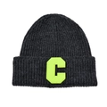 Detailed view of the ribbed knit texture and neon yellow letter C patch on a grey beanie - Grey & Yellow