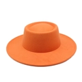 Detail of bright orange wool felt fedora with a wide brim and flat top structure - M (56-58cm) / Orange