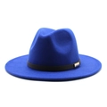 Detailed close-up of a blue felt jazz hat featuring a black ribbon and gold metal buckle - M (56-58cm) / Sapphire Blue