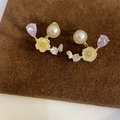 Elegant gold earrings with purple teardrop zircon, pearl, and floral butterfly charms - A5 Gold Butterfly Flower Drop Stud Earrings