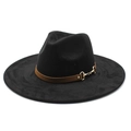 Cappello fedora nero a tesa larga con fascia in pelle marrone e morsetto dorato - M (56-59cm) / Nero