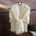 Elegant white cotton linen shawl with subtle patterns and fringe tassels for women - White